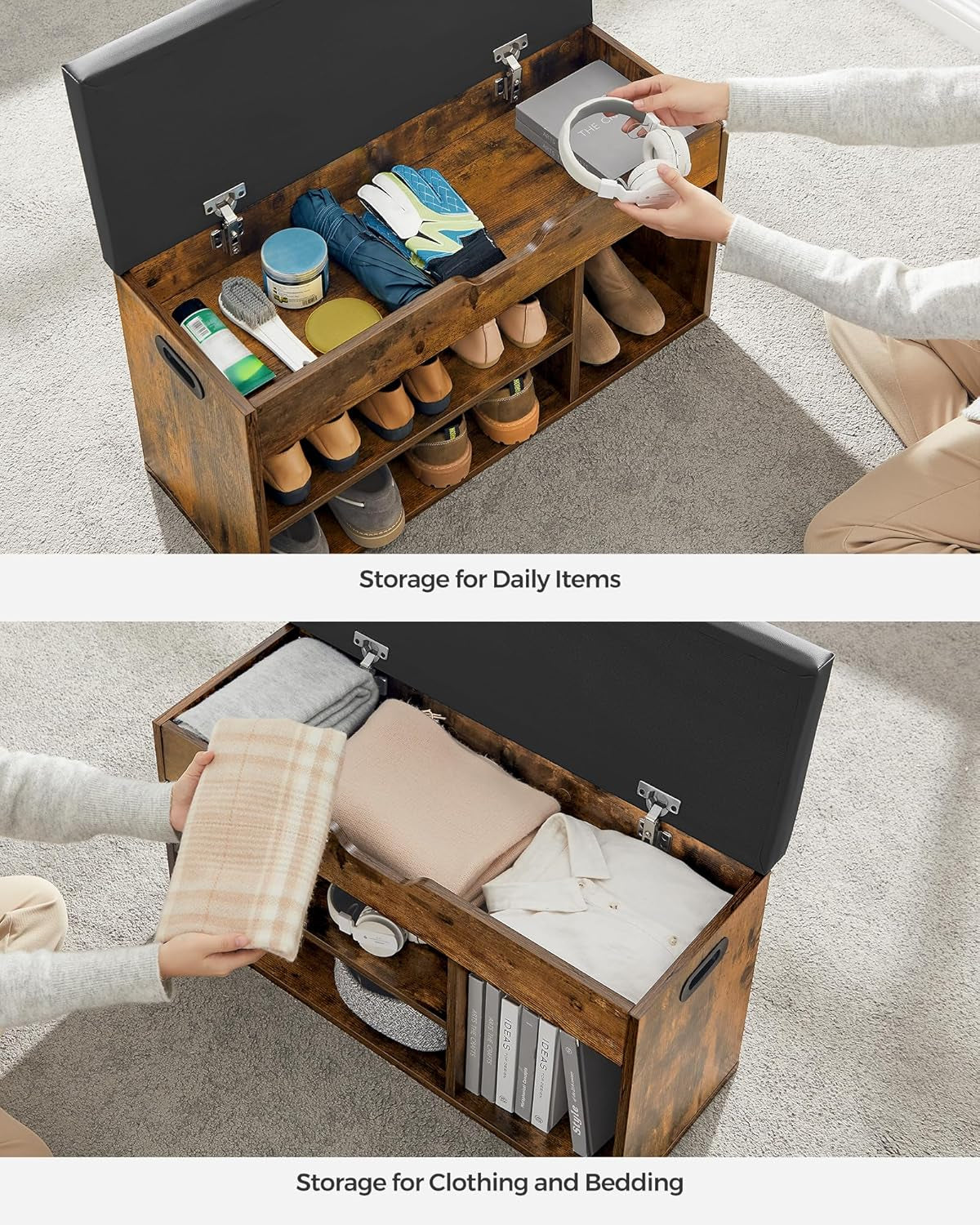 CUSTOS Collection - Storage Bench with Cushion, Shoe Bench, Padded Seat, Hidden Storage, Entryway, Hold up to 300 Lb, 11.8 X 31.5 X 17.3 Inches, Ebony Black and Ink Black ULHS030B03