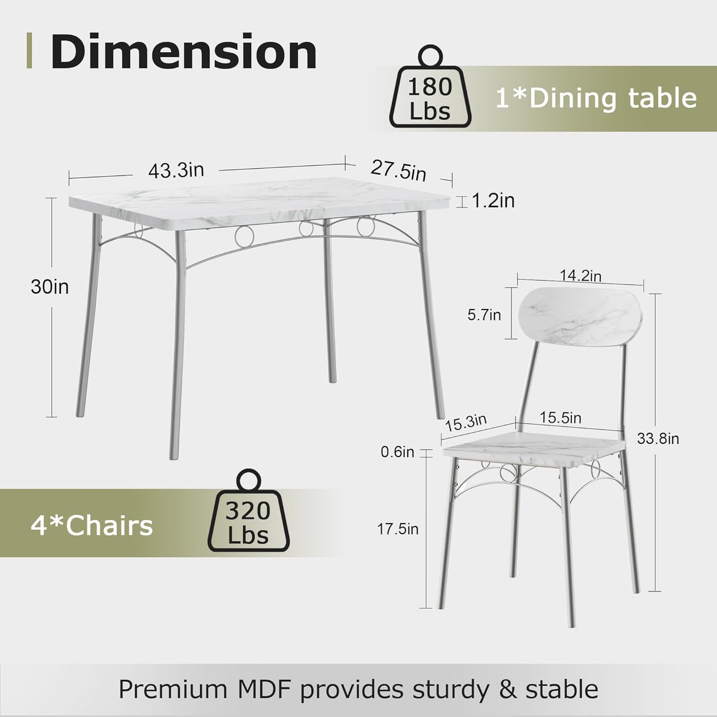 Dining Table Set for 4, 5-Piece Kitchen Table with 4 Chairs, MDF Board Tabletop with Metal Frame for Small Space, Compact Dinette, Breakfast Nook, White