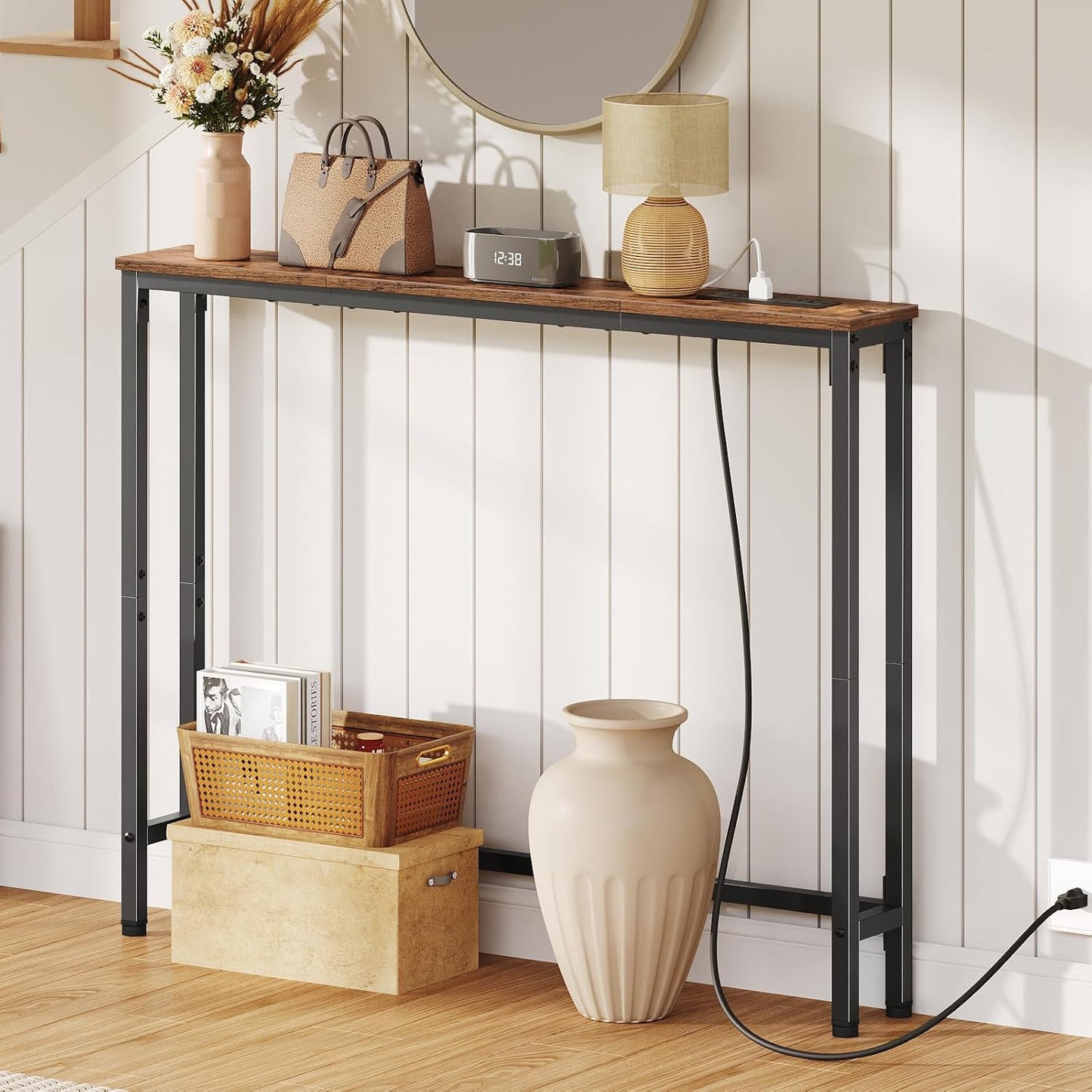 39.4 Inch Narrow Console Table with Power Outlets, 5.9 Inch Skinny Sofa Table behind Couch, Small Entryway Table, Metal Frame, for Living Room, Hallway, Rustic Brown and Black BF52UXG01