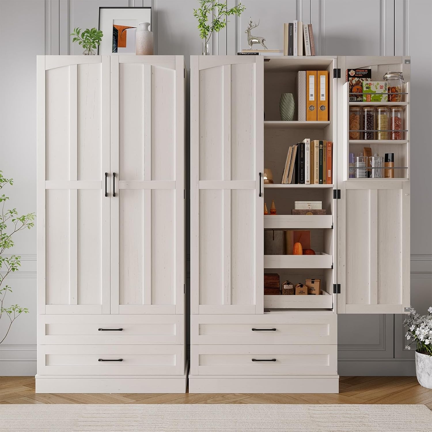 71" Tall Farmhouse Kitchen Pantry Cabinet with 3 Pull Out Shelves & 2 Large Drawers, Pantry Storage Cabinet with 6 Door Shelves & Adjustable Shelf, Freestanding Pantry for Kitchen, Dining Room