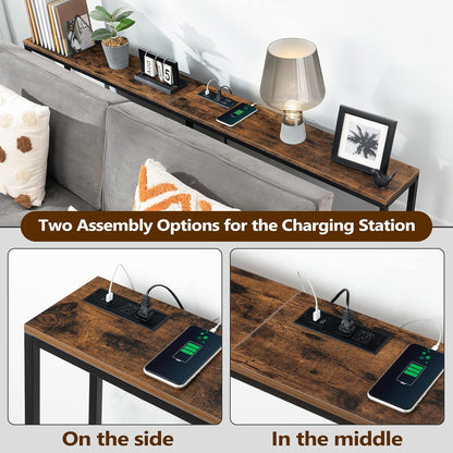 70.9'' Console Table with Power Outlet, Narrow Sofa Table with Charging Station, Skinny behind Couch Table for Entryway, Hallway, Foyer, Living Room, Rustic Brown CTHR18E01Z1