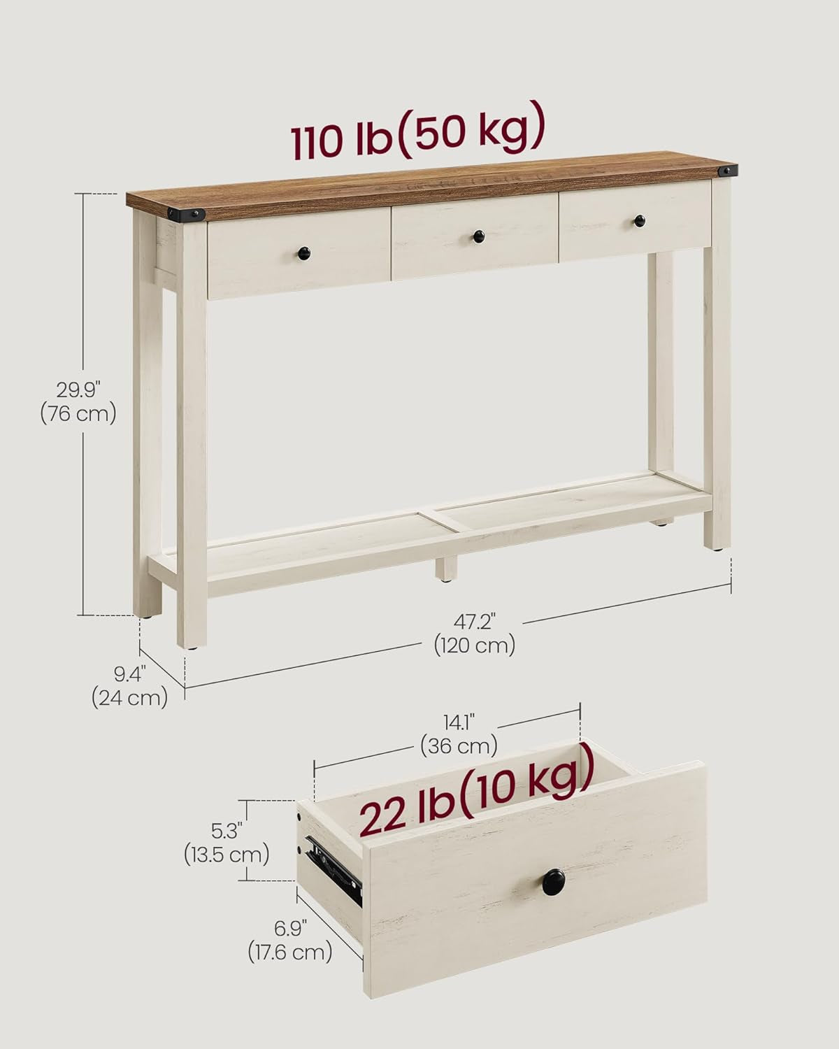 Console Sofa Table, Narrow Entryway Table with 3 Drawers, Open Storage Shelf, Metal Corners, for Living Room, Farmhouse Style, Honey Brown and Rustic White ULNT142W73