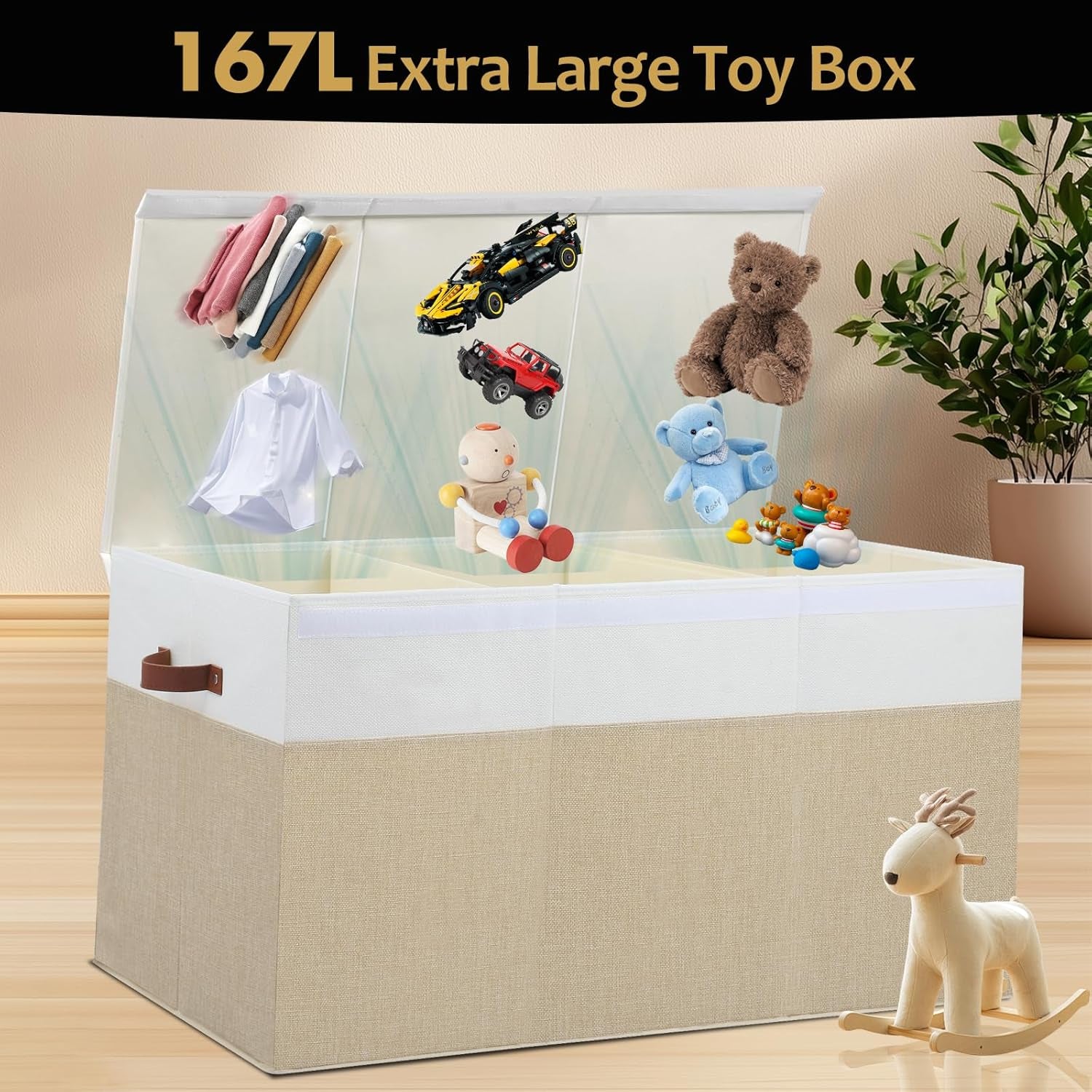 Extra Large Toy Storage Box with Lid, Sturdy Toys Storage Chest Bin Organizer Basket with Dividers for Kids, Boys, Girls, Nursery, Closet, Bedroom, Playroom 35.5"X17" X17" (Beige and White)