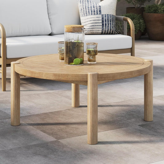 Bora round Outdoor Coffee Table, Farmhouse Wood Coffee Table for Patio or Porch, Solid Acacia Wood