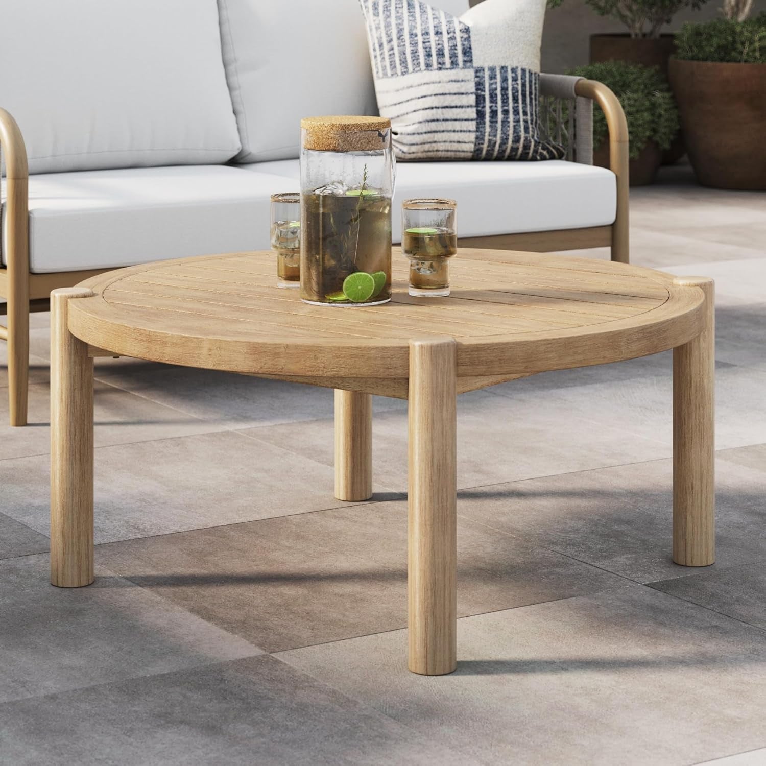 Bora round Outdoor Coffee Table, Farmhouse Wood Coffee Table for Patio or Porch, Solid Acacia Wood