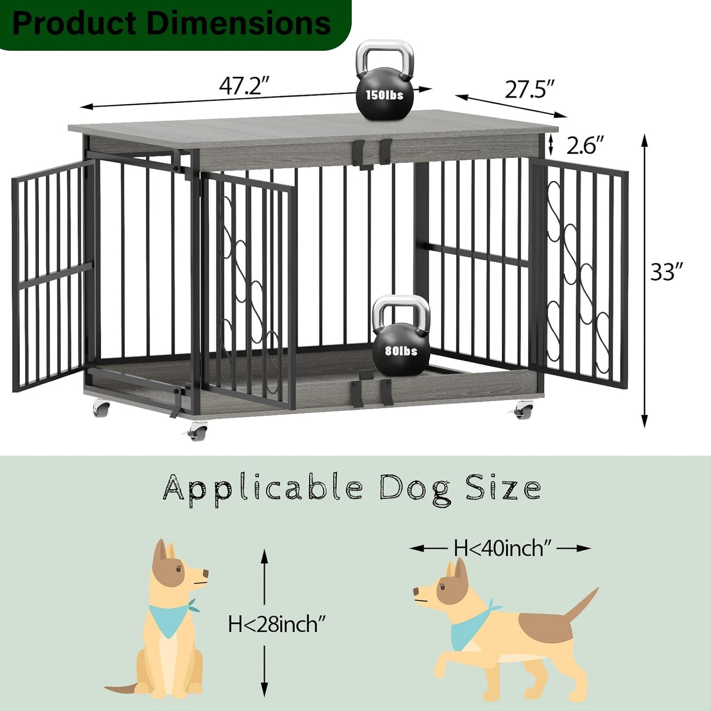 Large Dog Crate Furniture, 48 Inch Heavy Duty Dog Kennel Indoor with Caster Wheels, Wooden Dog Cage Morden Decorative Pet House TV Stand for Xlarge Dogs, Light Gray