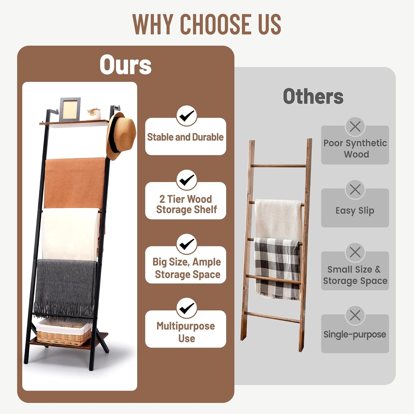 5 Tier Blanket Ladder with Shelf and Hooks, 4.8Ft Metal Ladder Shelf Blanket Holder Storage Rack for Living Room, Free Standing Blanket Rack for Storage and Home Decor