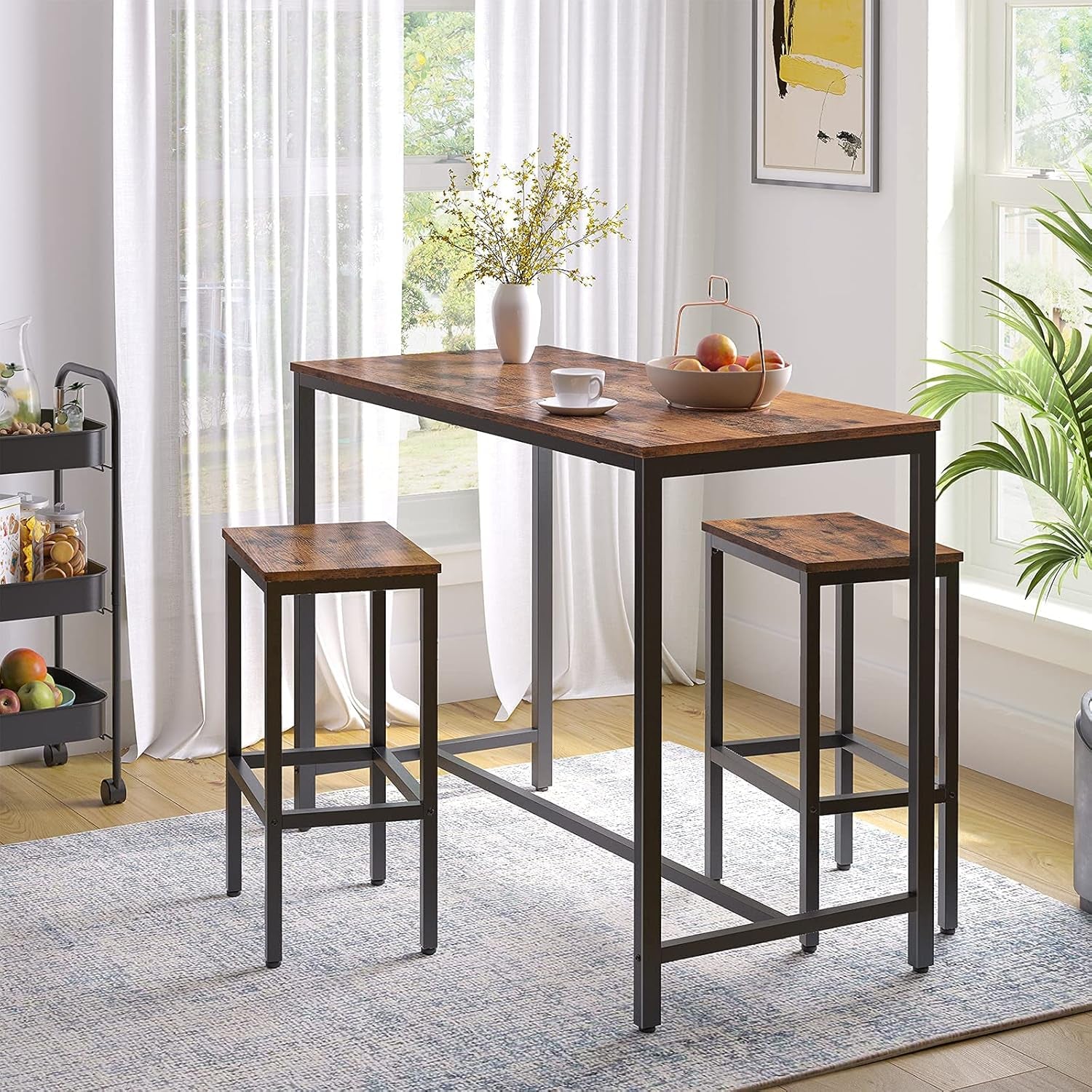 Bar Table and Chairs Set, 47.2” Rectangular Pub Table with 2 Stools for Small Space, High Top Table, 3-Piece Breakfast Stools Set, Sturdy Metal Frame, Easy to Assemble, Rustic Brown BF52BT01