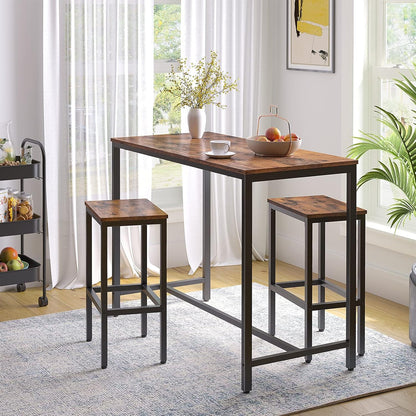 Bar Table and Chairs Set, 47.2” Rectangular Pub Table with 2 Stools for Small Space, High Top Table, 3-Piece Breakfast Stools Set, Sturdy Metal Frame, Easy to Assemble, Rustic Brown BF52BT01