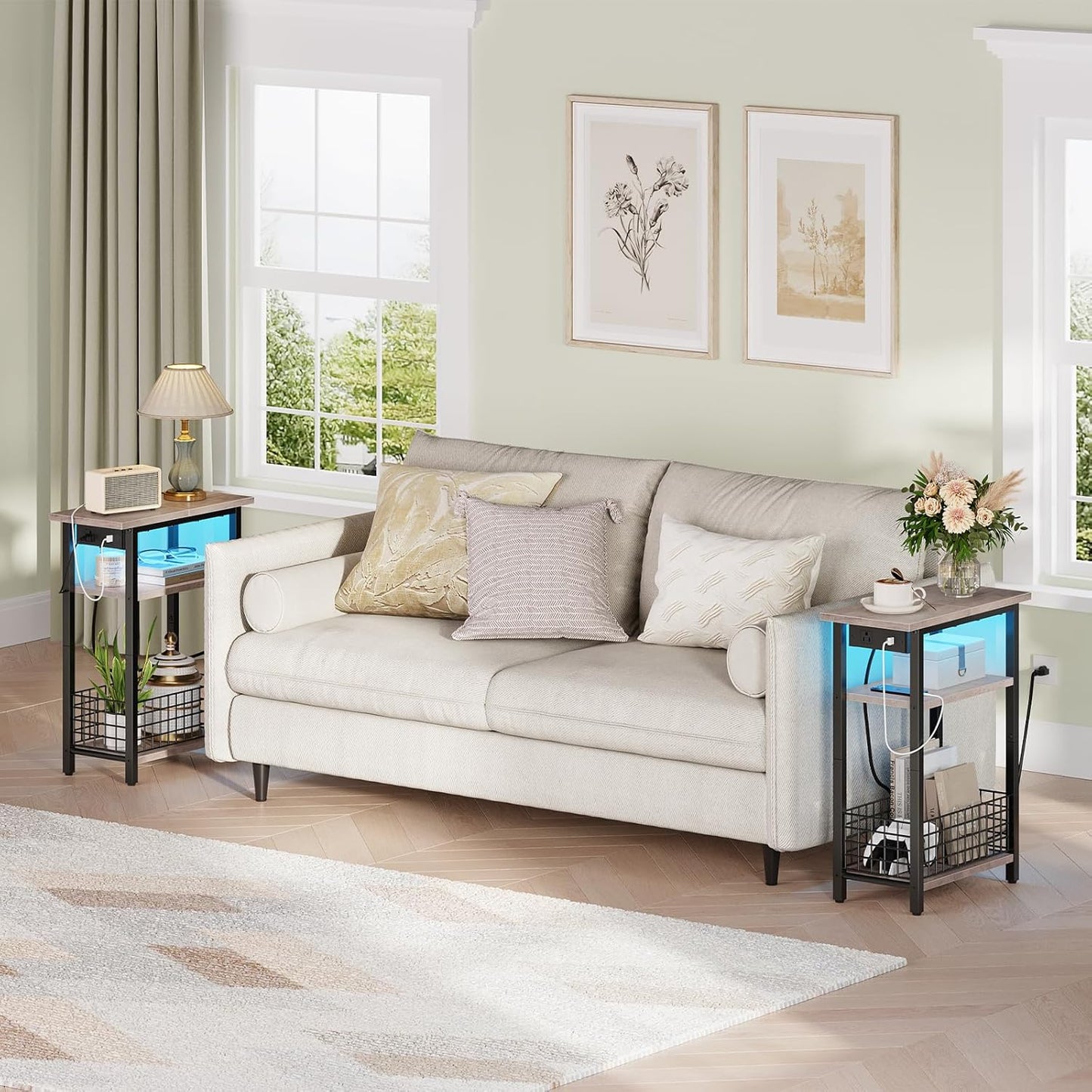 Narrow Side Table with Charging Station and LED Light, Small End Table with Storage, Skinny Nightstand with USB Port, Slim Bedside Table for Small Spaces, Living Room, Greige BG242UDBZ01