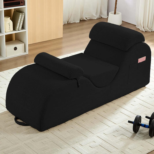 25" Wide Corduroy Yoga Chair, Yoga Lounge Chair for Adults, Chaise Lounge Chair Indoor/Yoga Lounger with Headrest, Waist Cushion, Movable Footrest, Side Pockets, High Density Sponge-Dark Grey