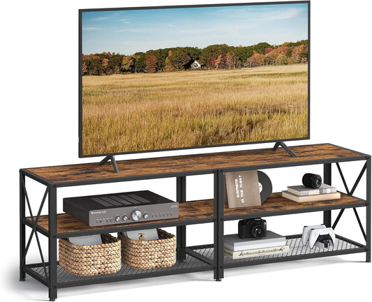 TV Stand, Console for Tvs up to 75 Inches, 70.1 Inches Width, Cabinet with Storage Shelves, Steel Frame, for Living Room, Bedroom, Rustic Brown and Black ULTV096B01V1