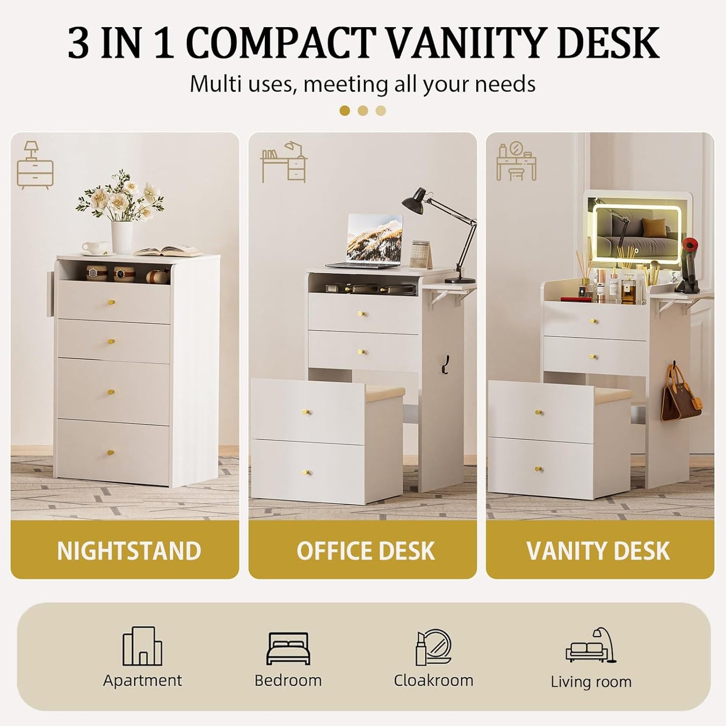 Makeup Vanity Desk with Mirror and Lights, Small 3 in 1 Vanity Table with Visible Glass Top, Flip Top & 3 Drawers, Compact Dresser with Storage Stool for Bedroom, Office or Nightstand