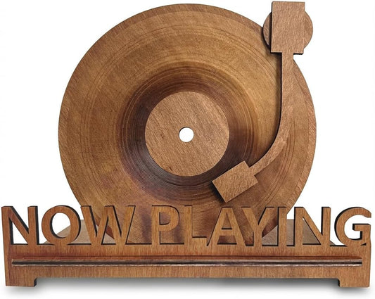 Now Playing Vinyl Record Holder for Record Player Stand | 3D Laser Rustic Vintage Now Spinning Vinyl Record Storage Stand Display | Wooden Sleeves for Music Albums