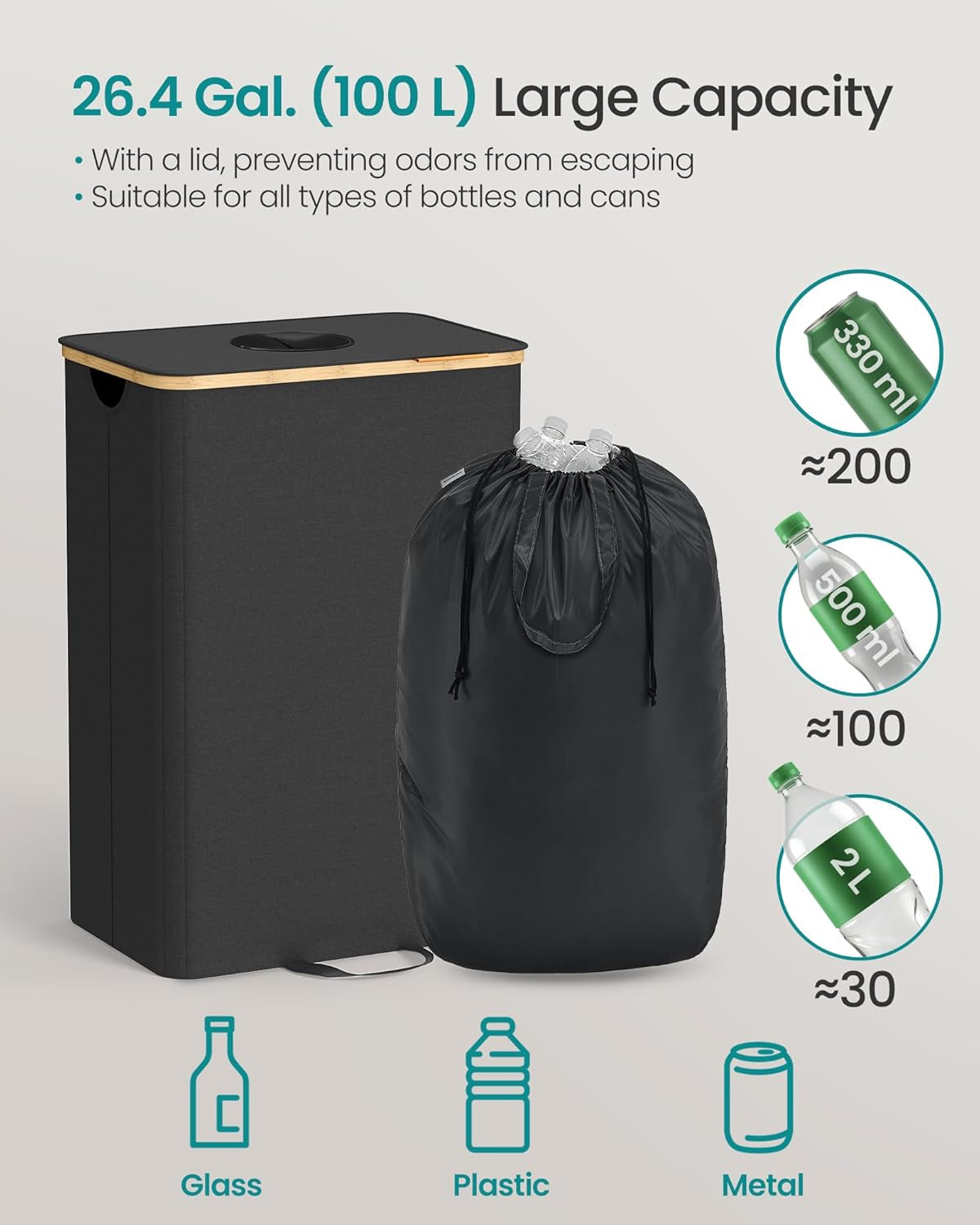 Recycling Bin for Kitchen 26.4 Gallon. Bottle Recycling Container, Collection Bin, for Metal, Plastic, Paper, Glass, Inner Bag with Handles, Kitchen, Ink Black and Natural Beige URRB509B01