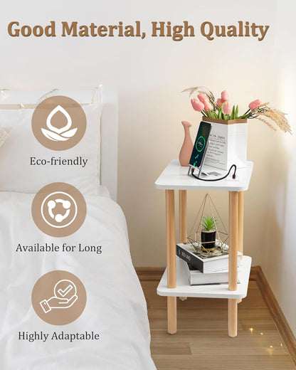 End Table with Charging Station, End Tables with USB Ports and Outlets, Small Side Table for Living Room, Bedroom & Office, Two-Tier Narrow Side Table, Easy Assembly