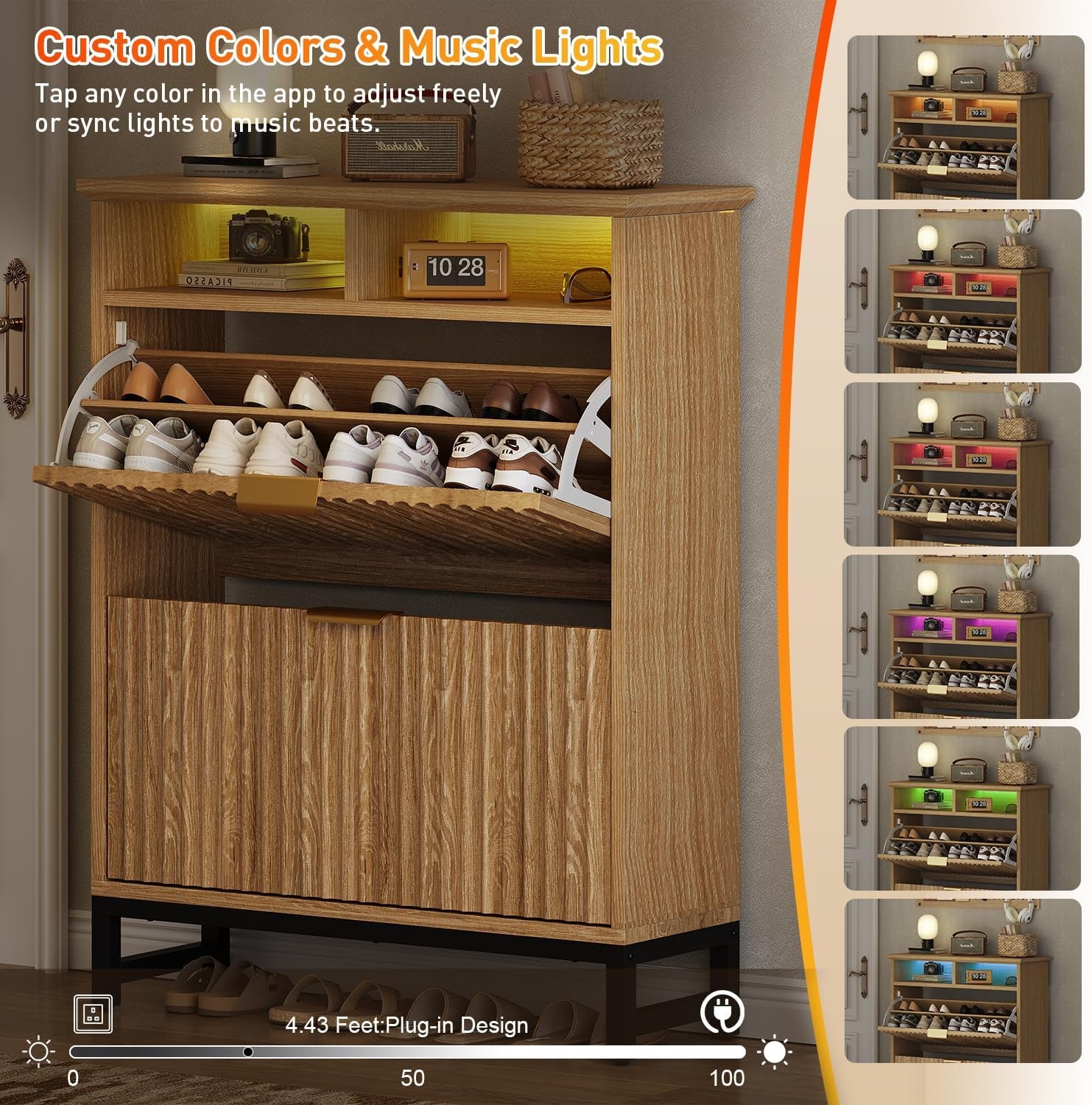 Fluted Shoe Storage Cabinet with 2 Flip Drawers, 31.5" Narrow Shoe Organizer Cabinet with LED Light, Slim Freestanding Shoe Rack Cabinet, Wooden Hidden Shoe Cabinet for Entryway, Hallway(Natural Oak)