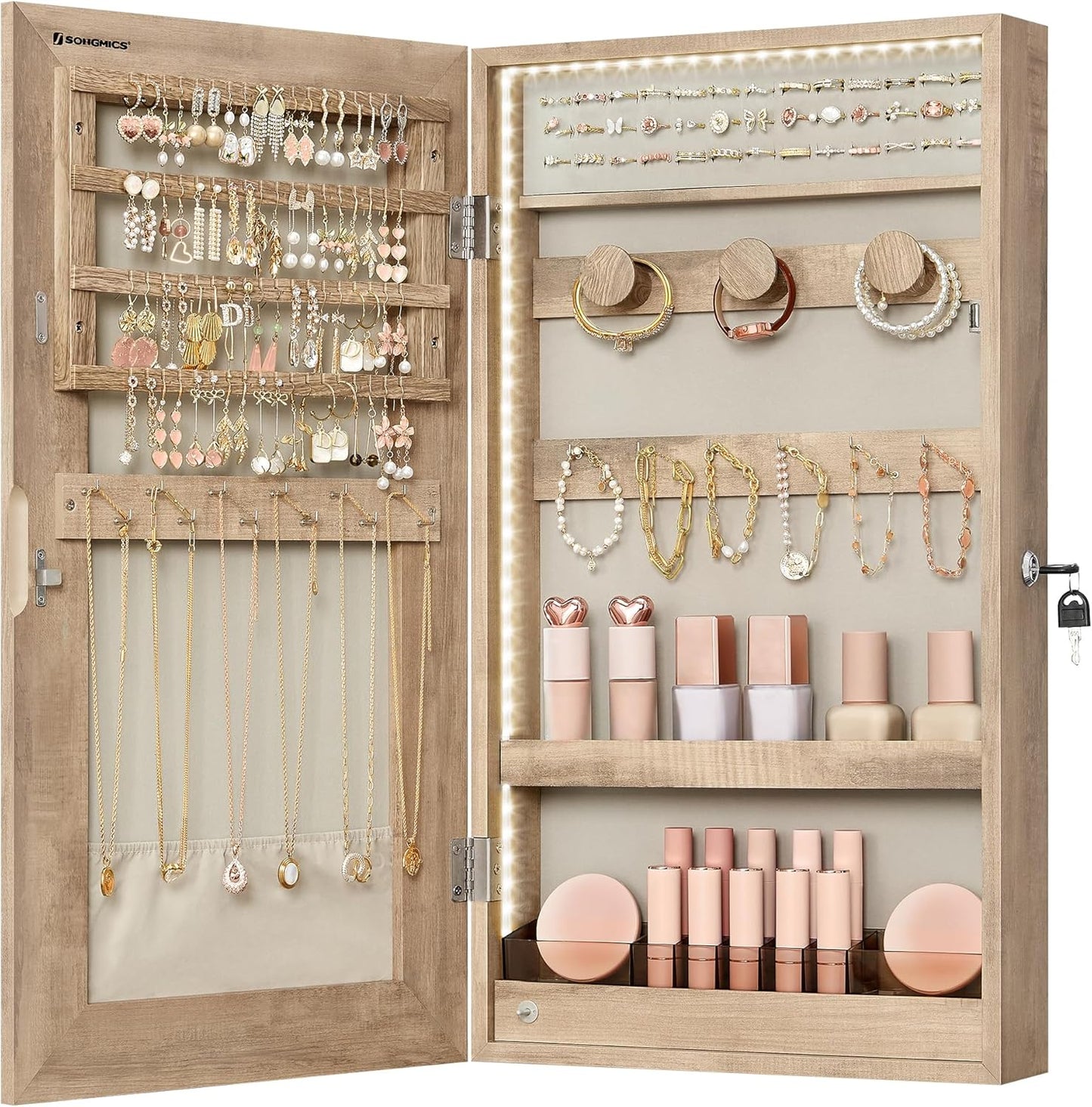 Mirror Jewelry Cabinet Armoire with Built-In LED Lights, Wall or Door Mounted Jewelry Storage Organizer, 3.8 X 14.6 X 26.4 Inches Hanging Mirror Cabinet, Gift Idea, White UJJC050W01