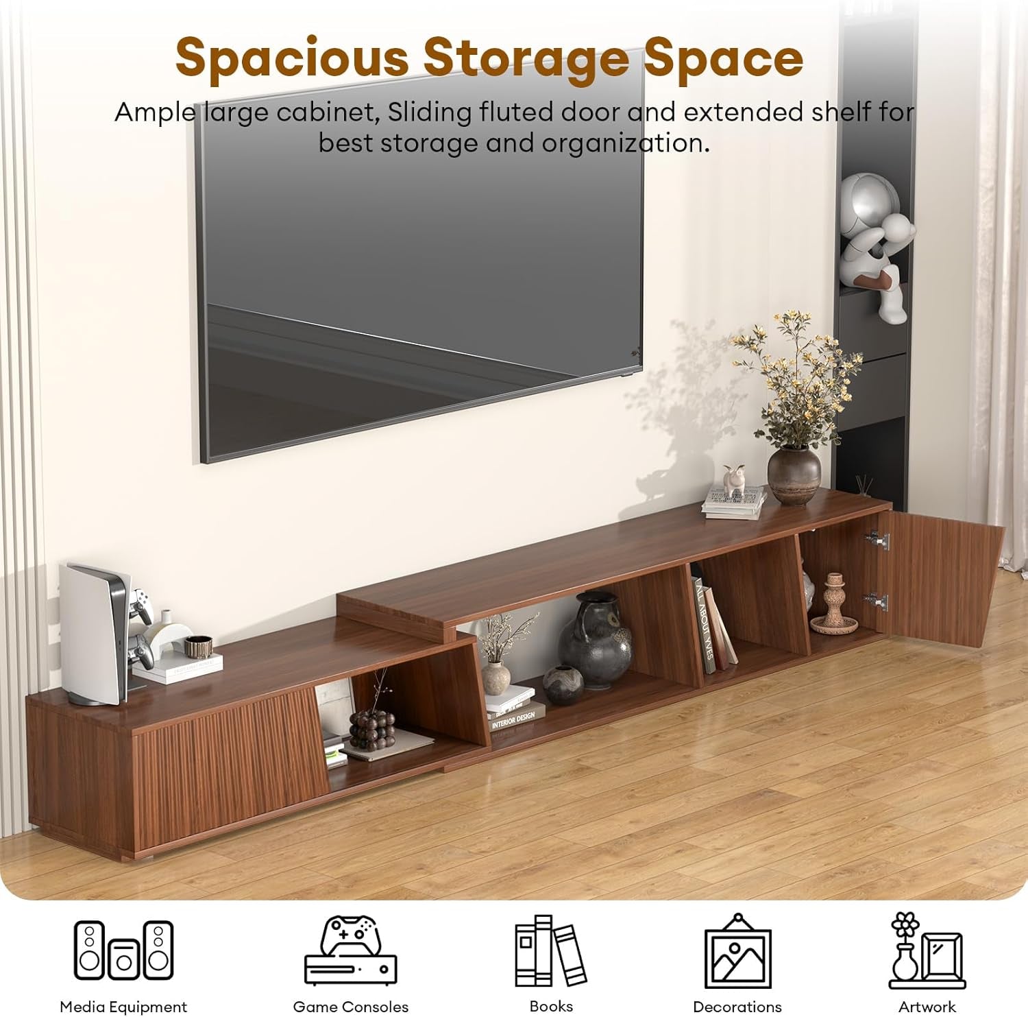 Extendable TV Stand with Sliding Doors Minimalist Rectangle, Wood Entertainment Center Walnut TV Console Table up to 110" W/Shelves Cabinet for Living Room, Bedroom (70.9”W-109”W)