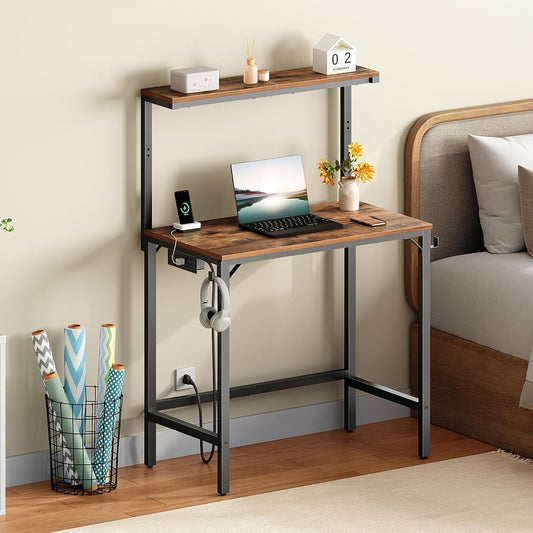Small Computer Desk, 28.3" Desk for Small Spaces, Office Desk with Power Outlet & Adjustable Monitor Stand, Compact Desk with Storage, Writing Table for Bedroom, Office, Rustic Brown BF38UDN01