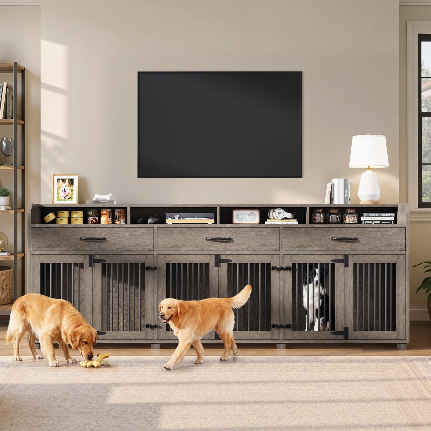 95" Large Dog Crate Furniture with Storage, 3-Room Indoor Wooden Dog Kennel for Large/Medium Dogs, TV Stand & Sideboard with Drawers & Removable Divider, Grey