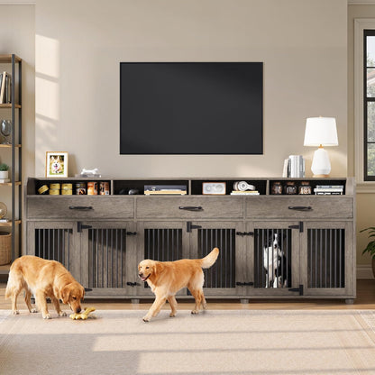 95" Large Dog Crate Furniture with Storage, 3-Room Indoor Wooden Dog Kennel for Large/Medium Dogs, TV Stand & Sideboard with Drawers & Removable Divider, Grey