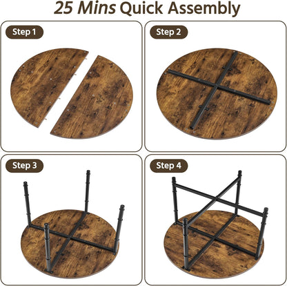 round Coffee Table, Small Coffee Table with Sturdy Metal Legs for Living Room, Rustic Wood Circle Tables Easy to Assemble, 31.5 X 17.7 Inches