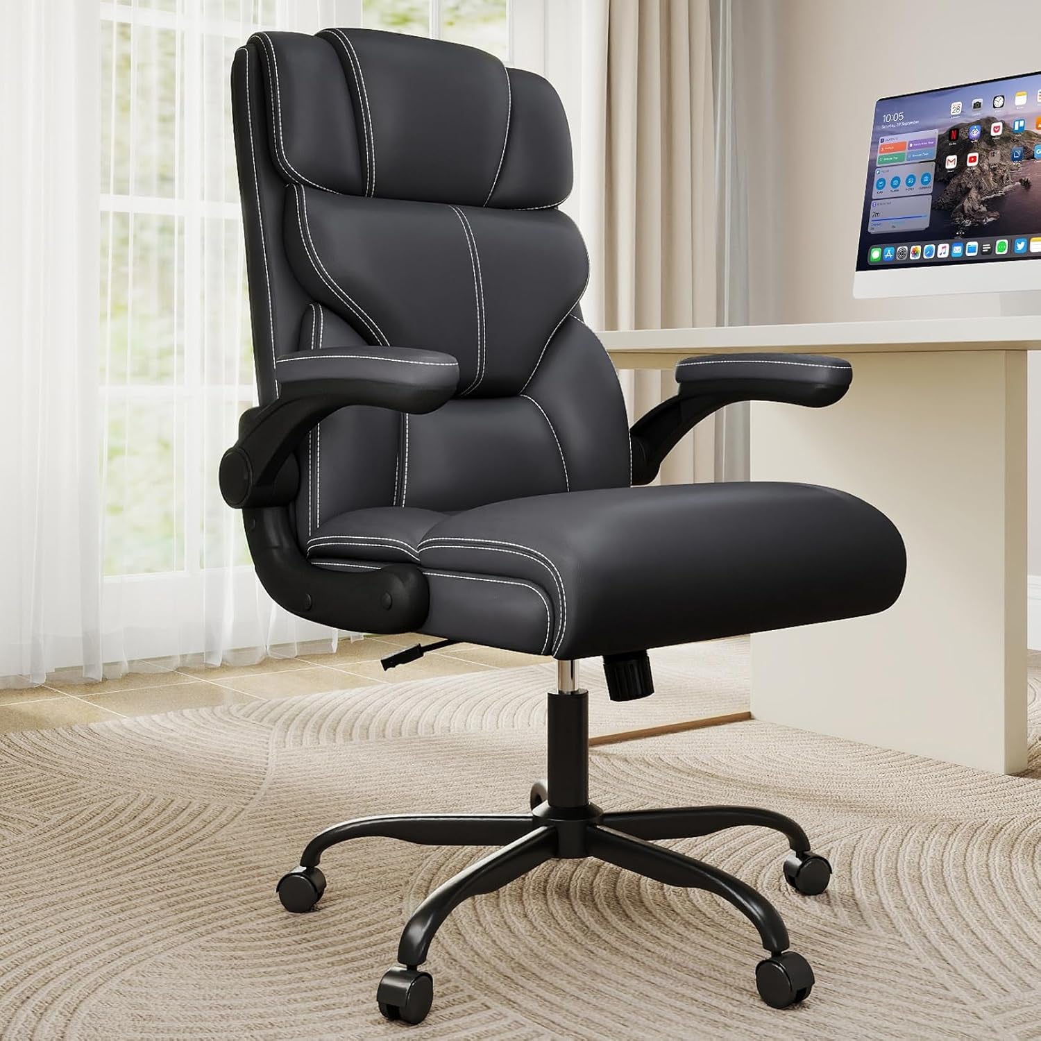 Executive Office Chair with Flip-Up Armrests,Ergonomic Computer Desk Chairs,Big and Tall Leather Office Chair 400Lbs,Lumbar Support Swivel PC Chair with Rocking Function