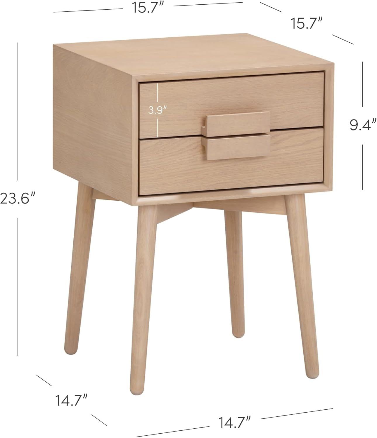 Harper 2-Drawer Mid Century Modern Nightstand, Solid Wood Nightstand in Raw Oak