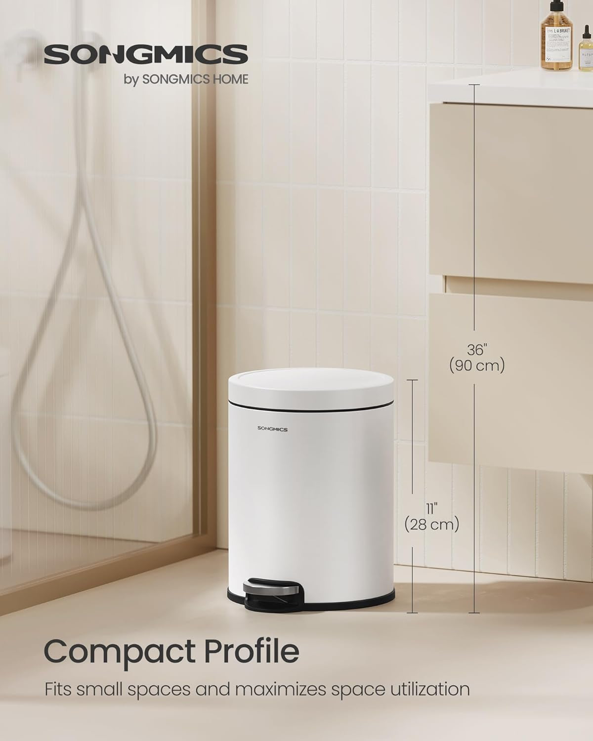 Bathroom Trash Can, 1.6 Gallon (6 L) Small Toilet Garbage Bin with Lid, Soft-Close, Stainless Steel, Pedal, Inner Bucket, Bedroom, Cloud White ULTB016WZ01