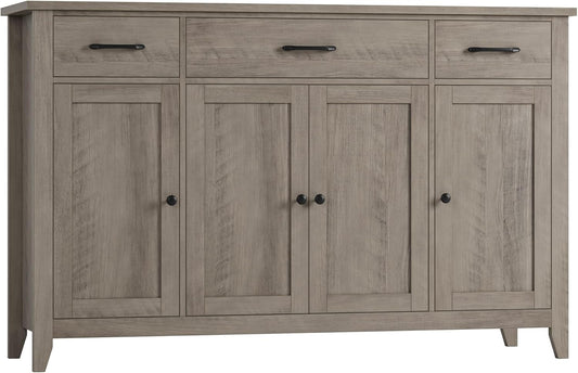 55" Buffet Cabinet, Modern Farmhouse Sideboard Buffet with Drawers, Large Kitchen Storage Cabinet with Adjustable Shelves, Wood Coffee Bar for Kitchen, Dining Room, Living Room, Grey