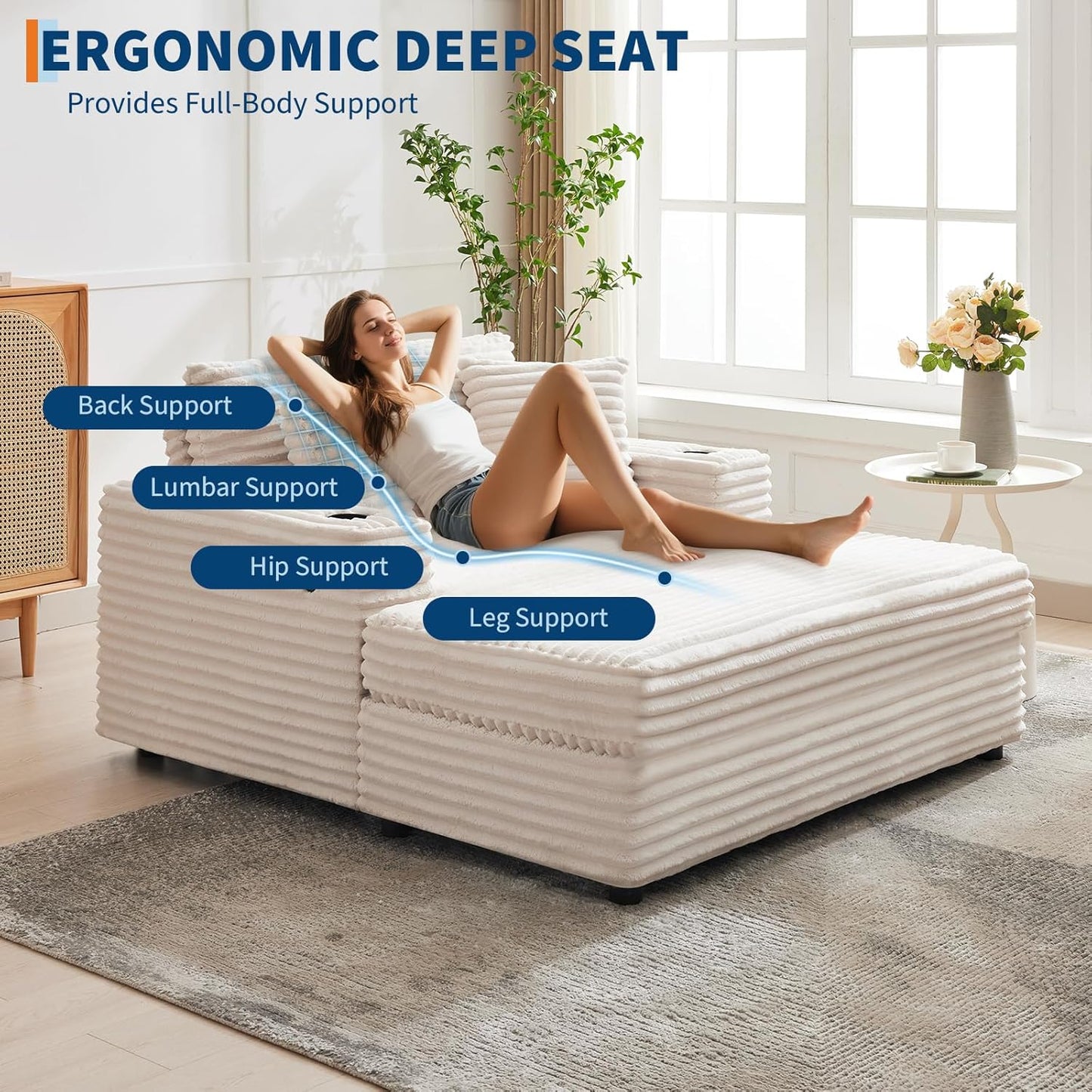 Oversized Chaise Lounge Chair Indoor, 60 Inch Upholstered Sofa Bed with Throw Pillows and Armrests, Comfy Corduroy Sleeper Couch for Living Room, Bedroom, Office, Beige