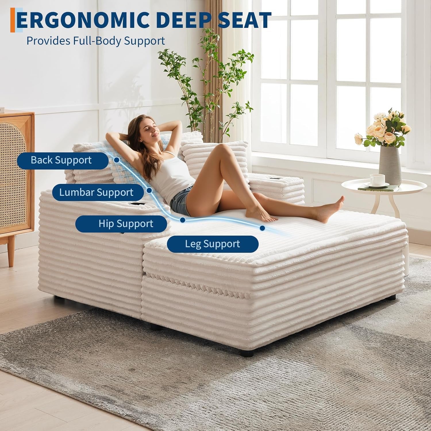 Oversized Chaise Lounge Chair Indoor, 60 Inch Upholstered Sofa Bed with Throw Pillows and Armrests, Comfy Corduroy Sleeper Couch for Living Room, Bedroom, Office, Beige