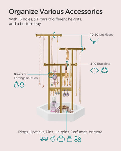 Jewelry Holder, Jewelry Organizer, 3 Tiers and 1 Tray, Jewelry Display Stand with Metal Frame, Necklace Earring Bracelet Holder, for Rings, Pale Gold and White UJJS003A01