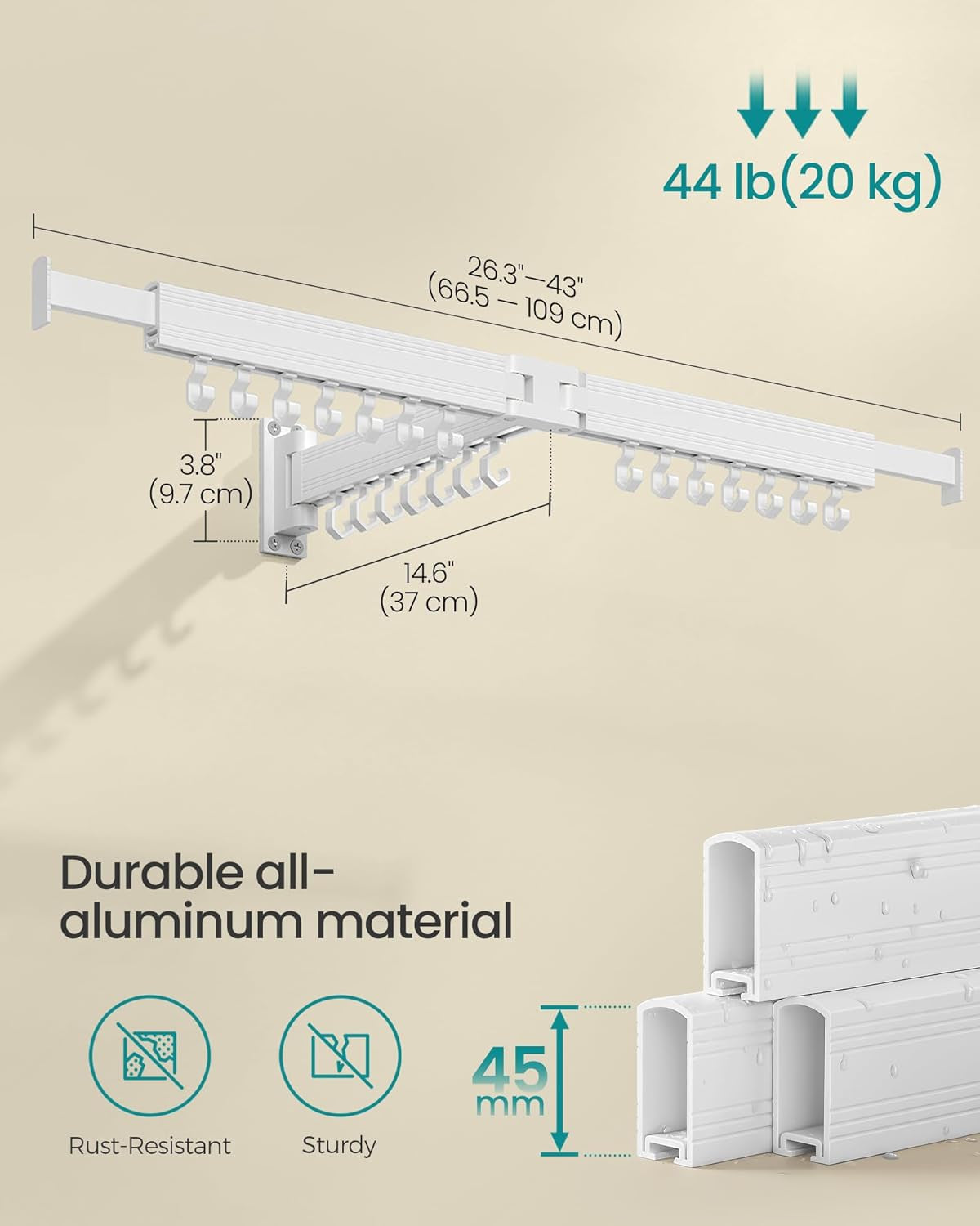 Clothes Drying Rack, Wall-Mounted Laundry Drying Rack, Extendable, Foldable Arms, with 21 Swivel Sliding Hooks, Space-Saving, for Laundry Room, Bathroom, Cloud White ULLR807W01