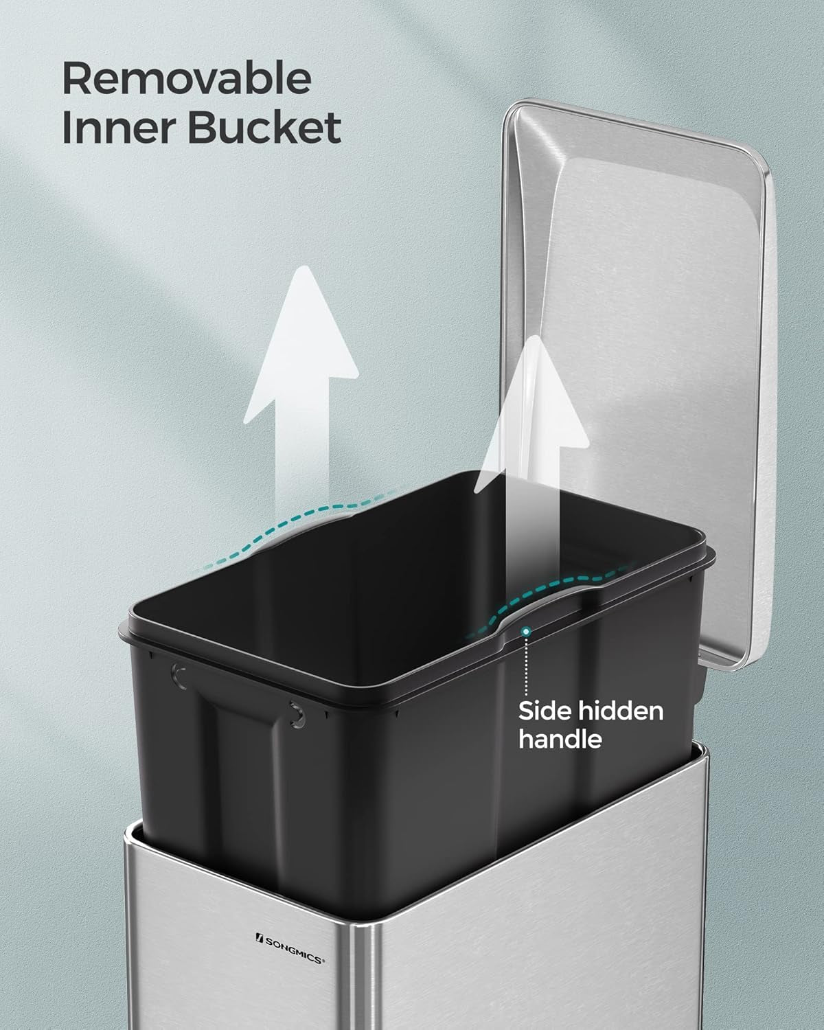 Slim Trash Can, 13-Gallon (50 L) Garbage Can for Narrow Spaces with Soft-Close Lid, Inner Bucket, and Step-On Pedal, Stainless Steel, 15 Trash Bags Included, Silver ULTB510E48