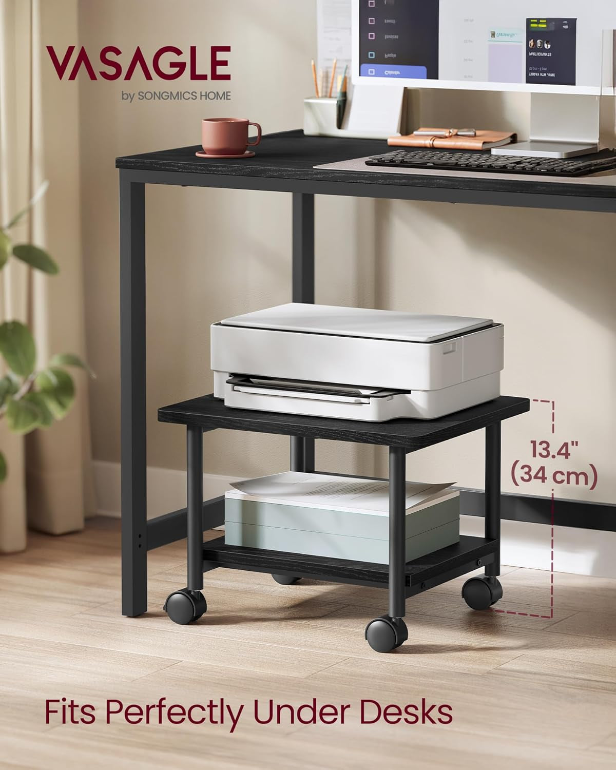Heavy-Duty Printer Stand with Locking Wheels, 2-Tier Industrial Mobile Cart with Storage Shelf, under Desk Printer Table for Home, Office, 13.4" Height, Ebony Black UOPS02B