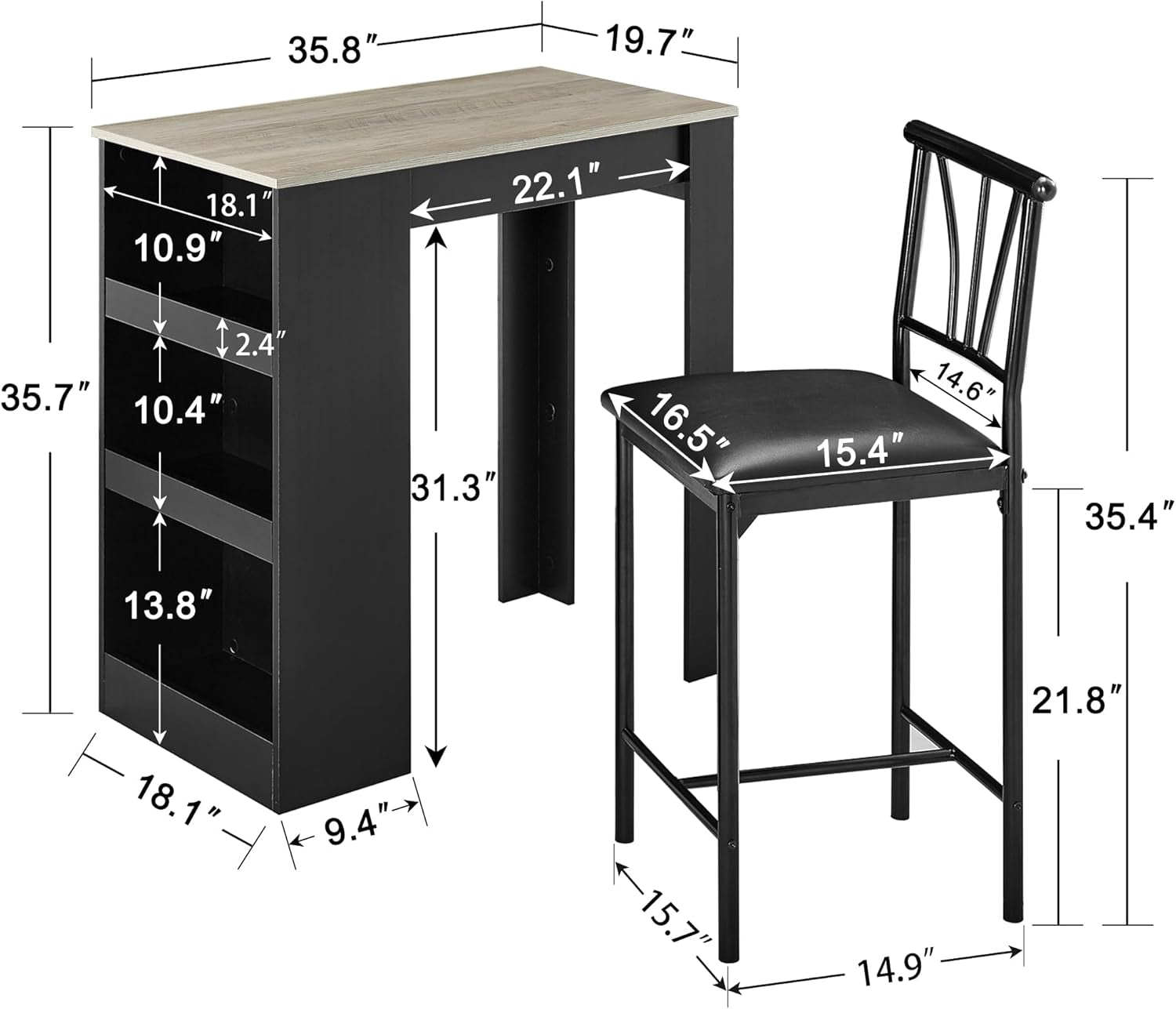 Small Bar Table and Chairs Tall Kitchen Breakfast Nook with Stools/Dining Set for 2, Storage Shelves, Space-Saving, Gray