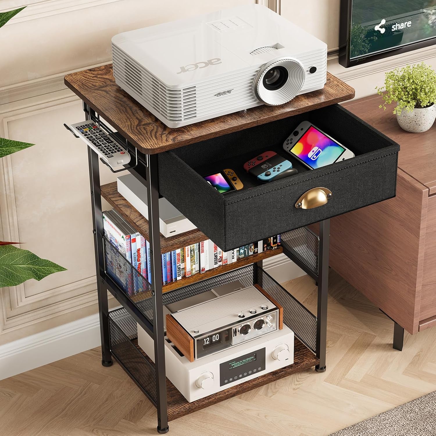 4-Tier AV Media Stand with Drawer, Video Game Console Shelf with 2 Hooks, Audio Rack Tower Perfect For/Xbox/ Ps5/Switch/Game Consoles/Dvd/Record Player/Projector/Sky Box/Tv Accessories
