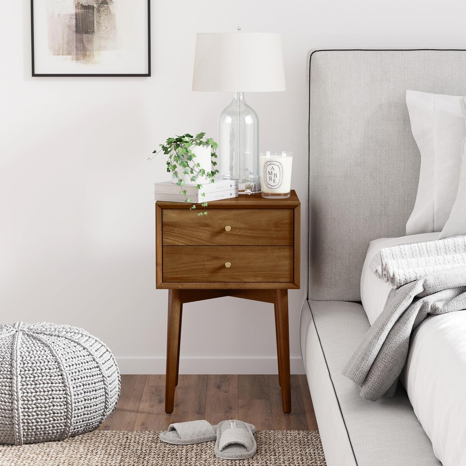 32704 Harper Mid-Century Oak Wood Nightstand with 2-Drawers, Small Side End Table with Storage, Brown