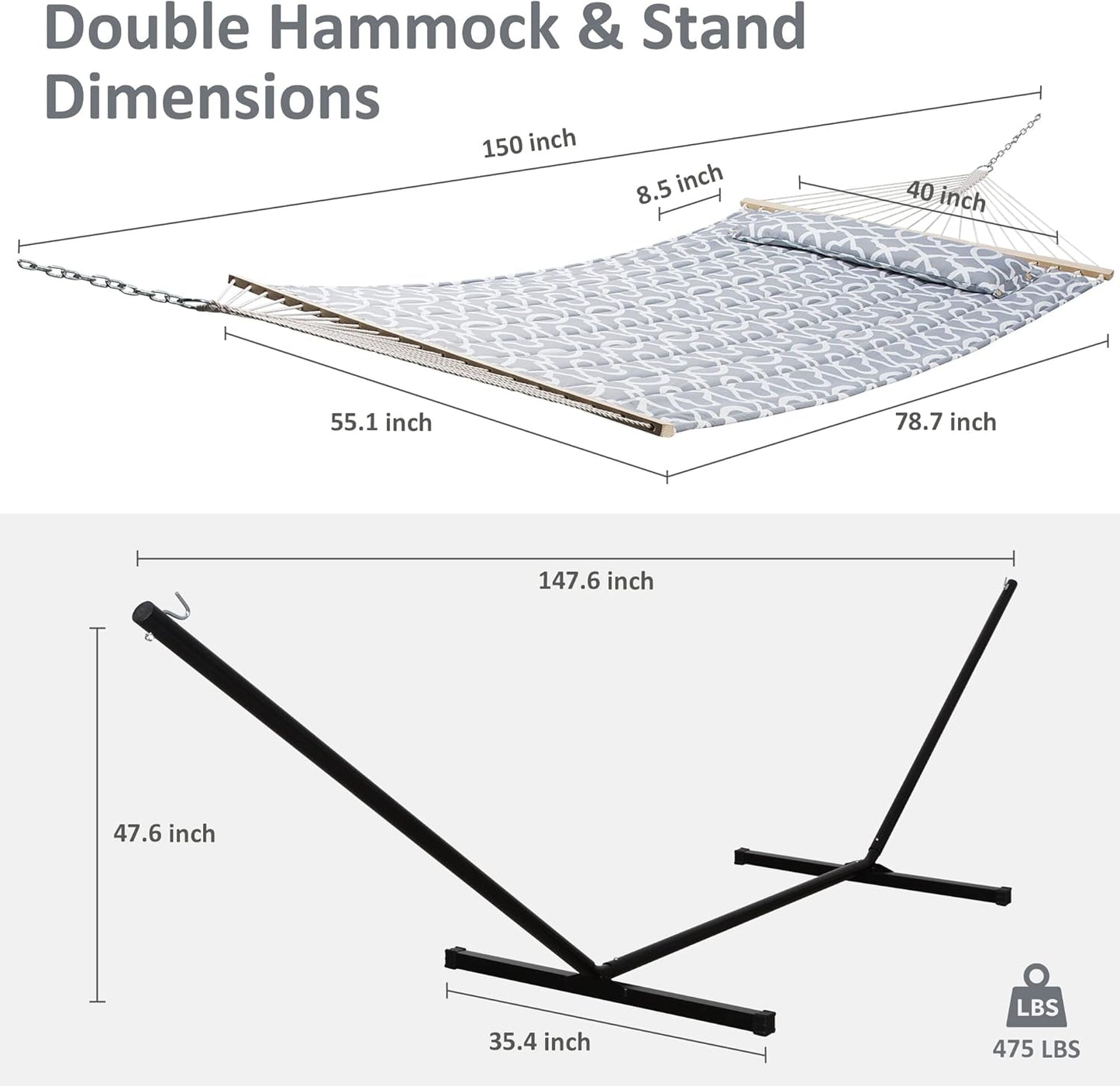 55 Inch Extra Large Double Hammock with Stand, 475Lbs Capacity, Outdoor Portable Hammock with Hardwood Spreader Bar, Extra Large Pillow, Grey
