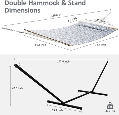 55 Inch Extra Large Double Hammock with Stand, 475Lbs Capacity, Outdoor Portable Hammock with Hardwood Spreader Bar, Extra Large Pillow, Grey