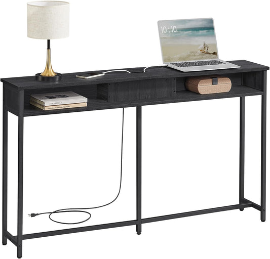 55.1-Inch Console Table with Outlet and Shelves, Sofa Table with Charging Station, behind Couch Table Skinny, Entryway Table for Hallway, Living Room, Charcoal Gray and Ink Black ULNT120B22