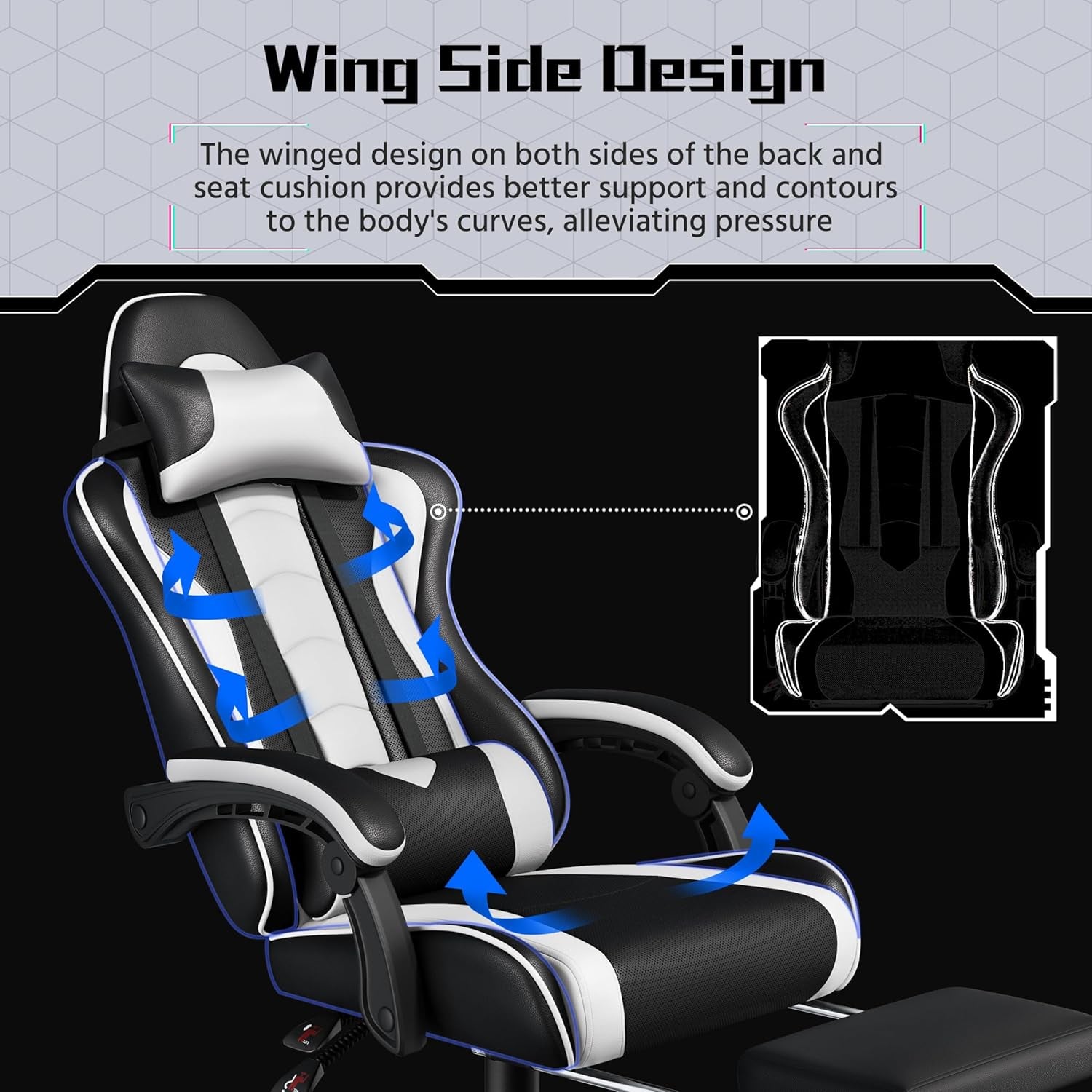Gaming Chair, Video Game Chair with Massage Lumbar Support and Footrest Height Adjustable Ergonomic Computer Gaming Chair with Swivel Seat and Headrest, Black/White
