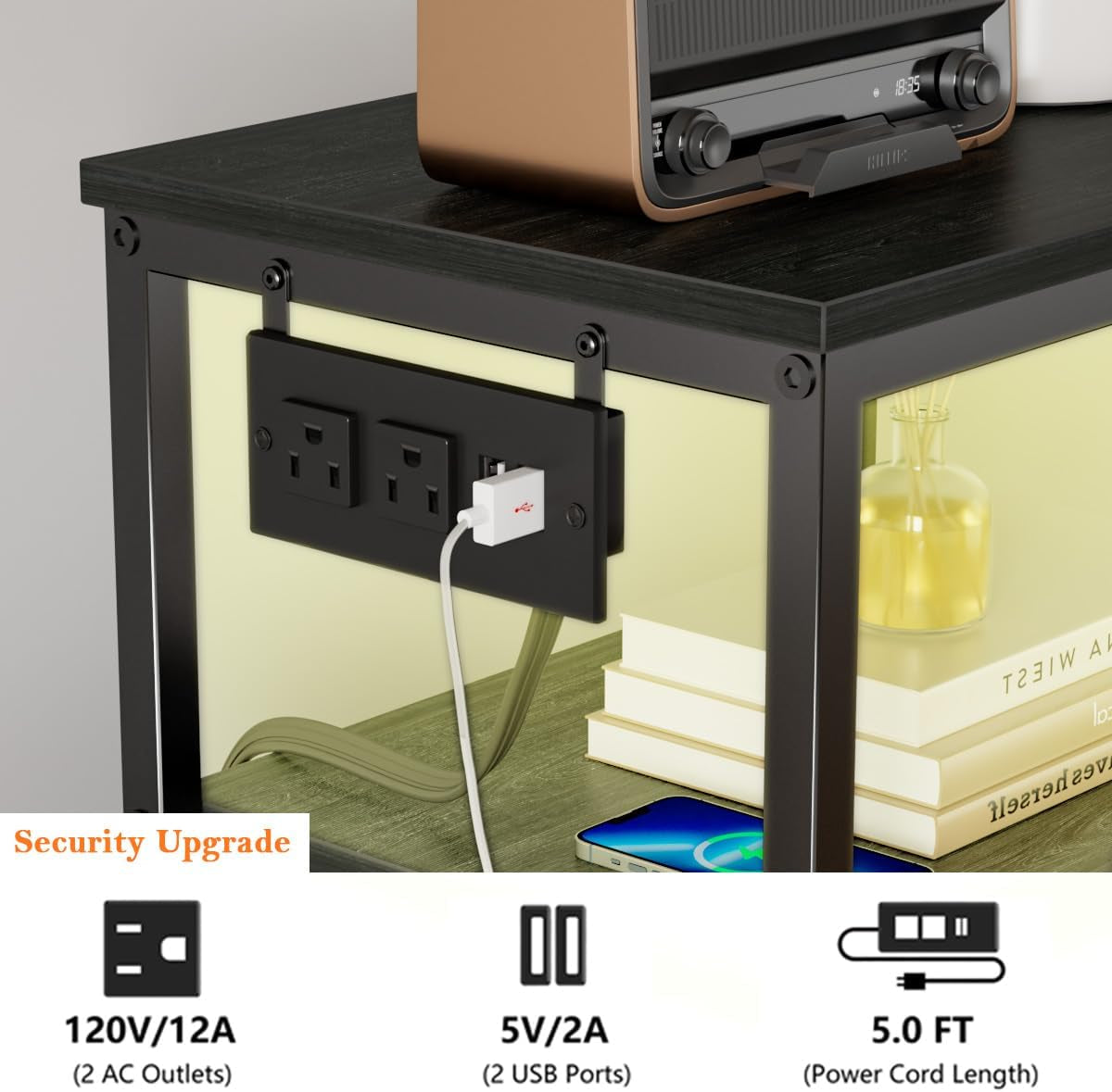 Dresser for Bedroom, Tall Nightstand, Vertical Chest with Wood Top, Charging Station, LED Lights, 5 Fabric Bins, Bedside Table with Shelf, Furniture for Entryway (5 Drawer, Black Oak)