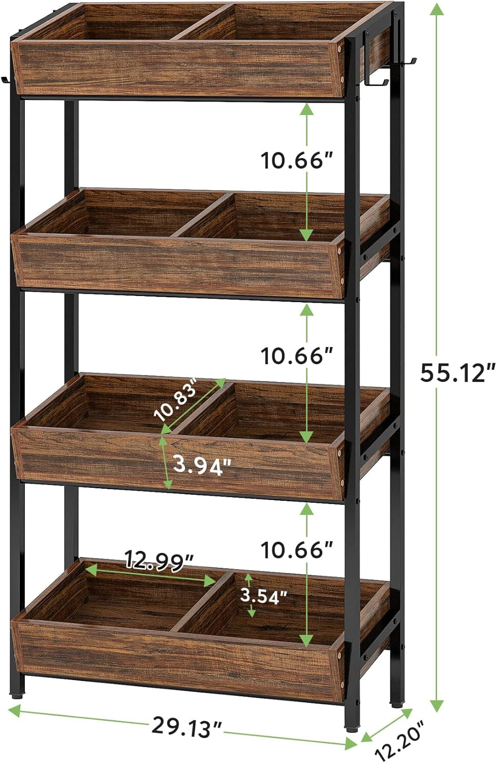 Wood Fruit and Vegetable Basket Stand Rack for Kitchen, Office, Store, Supremarket, Pantry Shelf Unit for Snacks, 4-Tier Wooden Utility Storage Shelves (Brown+Black)
