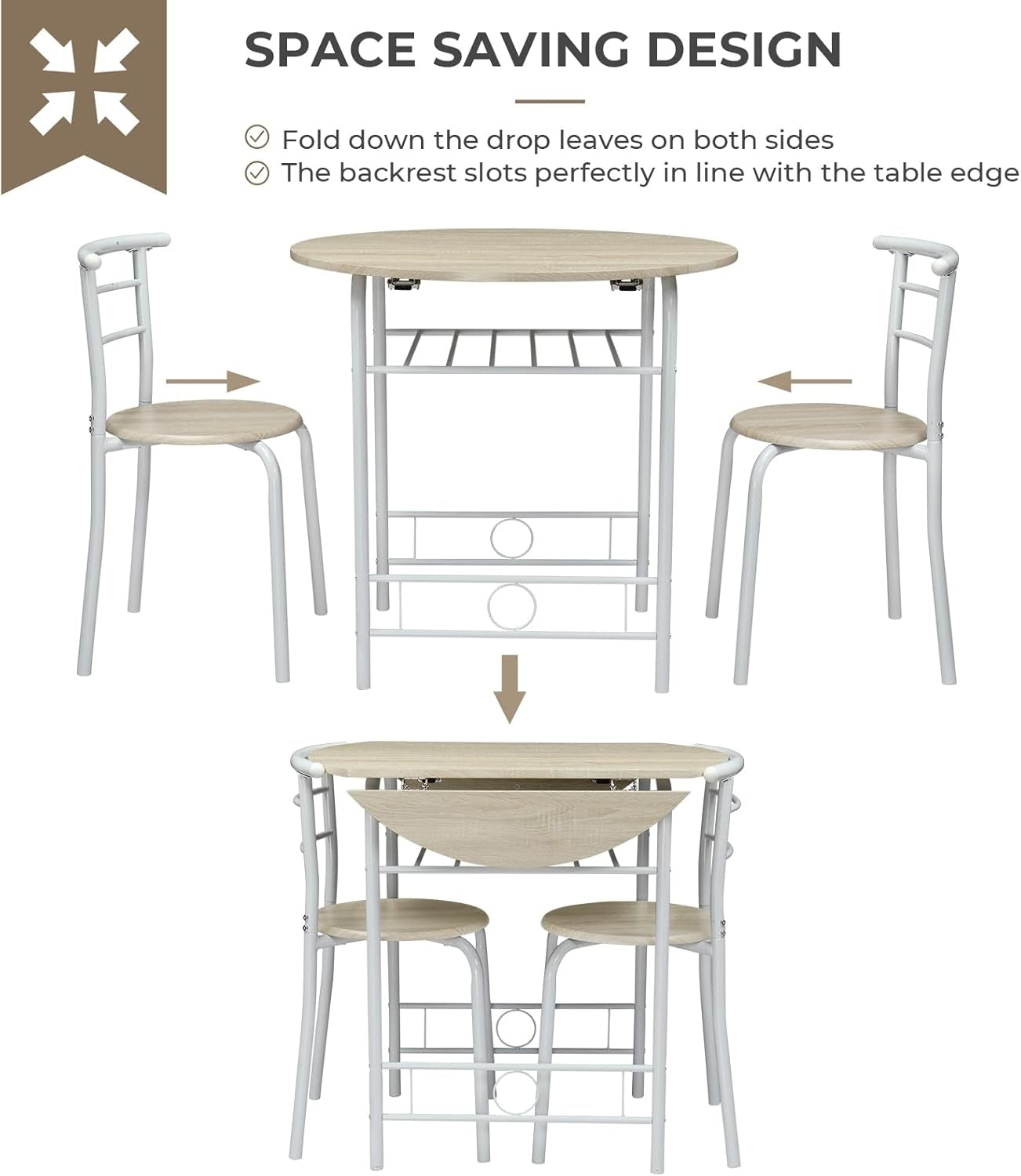 31.5" Drop Leaf Dining Table 3 Pieces for Small Space,Small Kitchen Table Set for 2,Round Folding Table with 2 Chairs for Home,Kitchen,Apartment,White&Oak