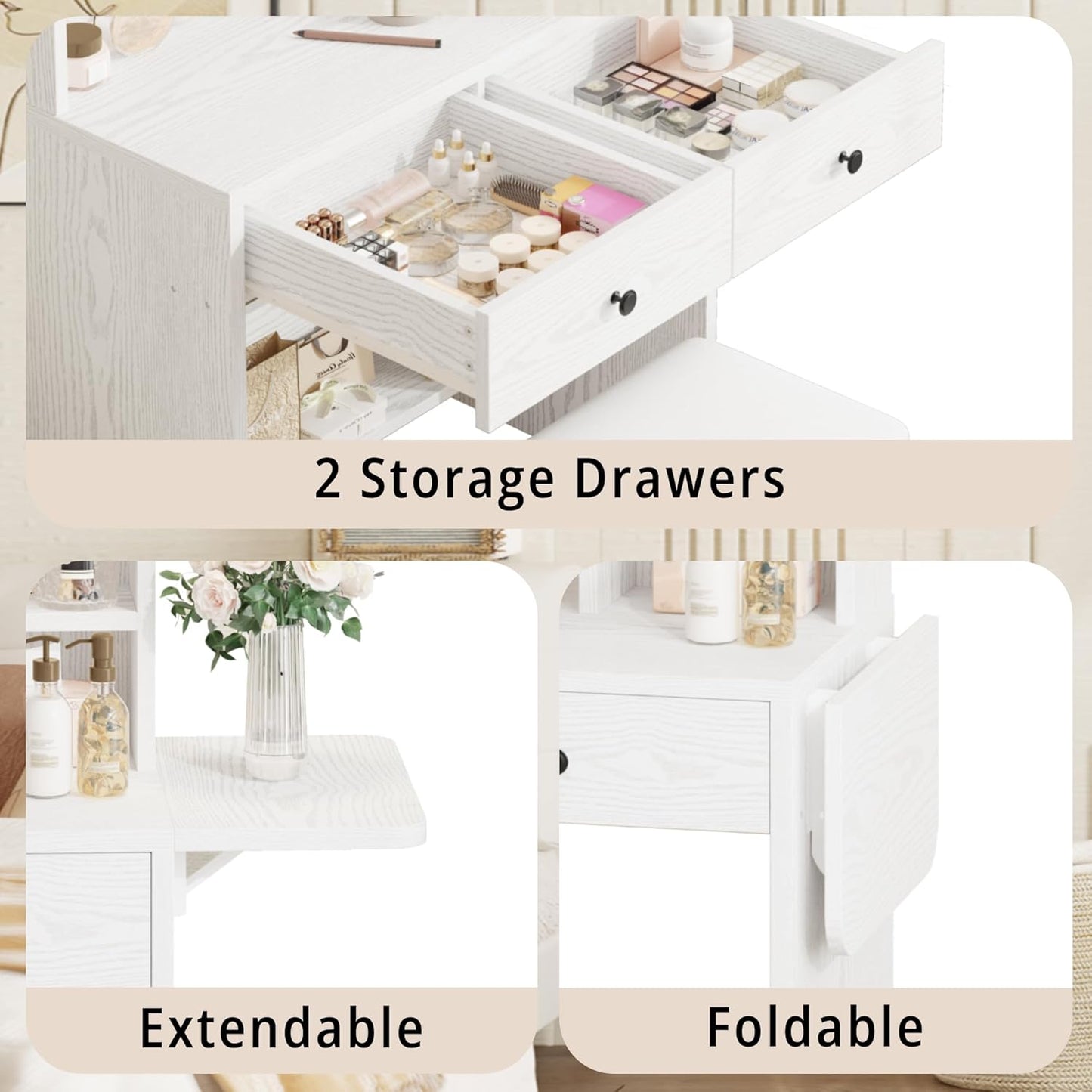 Vanity Desk with Mirror and LED Lights, Jewelry Cabinet, Makeup Dressing Table Set with Drawers, Storage Shelves, for Bedroom, 65.3 H White