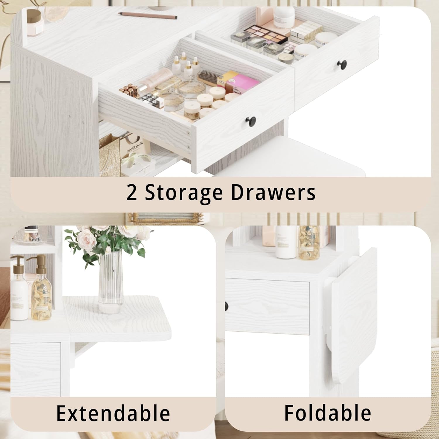 Vanity Desk with Mirror and LED Lights, Jewelry Cabinet, Makeup Dressing Table Set with Drawers, Storage Shelves, for Bedroom, 65.3 H White