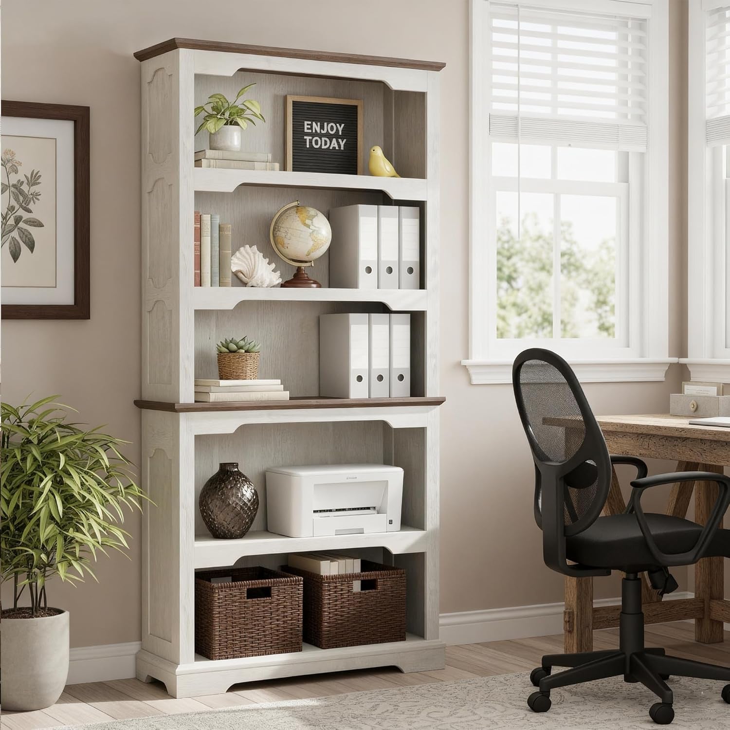 70 Inches Farmhouse Bookcase Bookshelf, Two-Tone Shelves, 5 Tier Bookshelf with Arched Trim, Home Office Living Room Storage Cabinet Unit, 31.5X11.8 Inches (Distressed White & Walnut, Open Shelf)